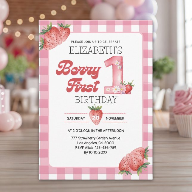 Invitation "Berry First Birthday Girl with Strawberry Theme (Créateur téléchargé)