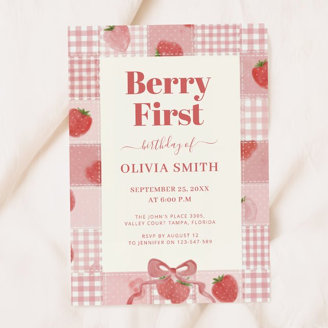 Invitation Berry First Birthday Pink Bow 1st Birthday (Créateur téléchargé)