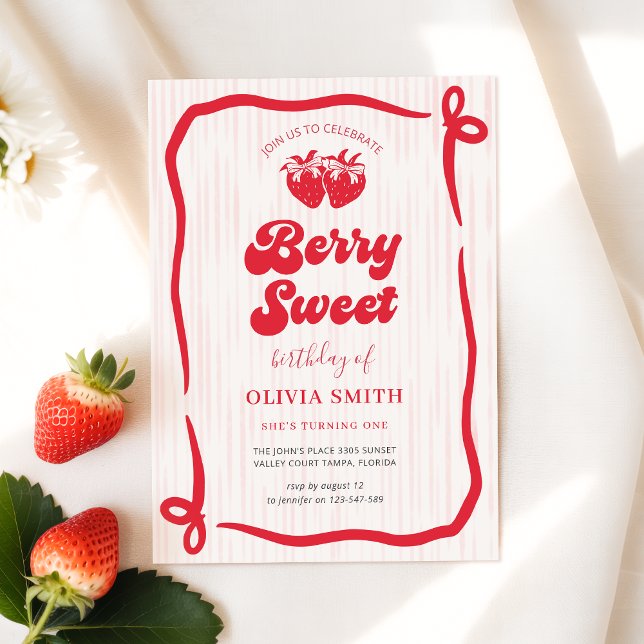 Invitation Berry First Birthday Pink Bow 1st Birthday (Créateur téléchargé)