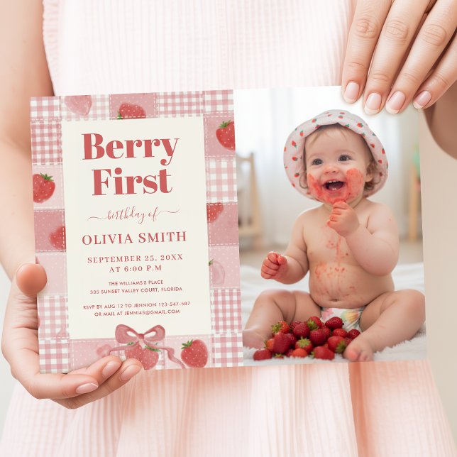 Invitation Berry First Birthday Pink Bow Cute Photo (Créateur téléchargé)