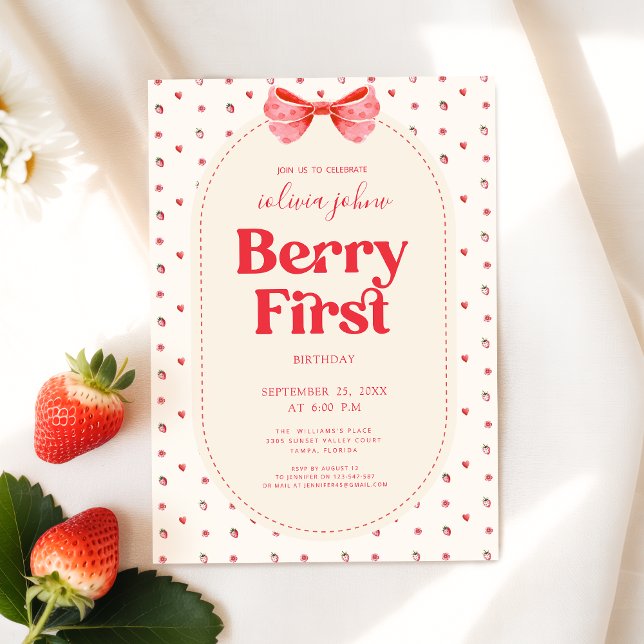 Invitation Berry First Birthday Pink Bow Strawberry (Créateur téléchargé)