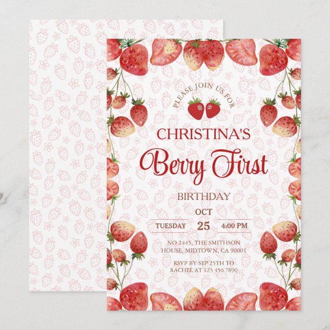Invitation Berry first birthday pink strawberry cute girl (Devant / Derrière)