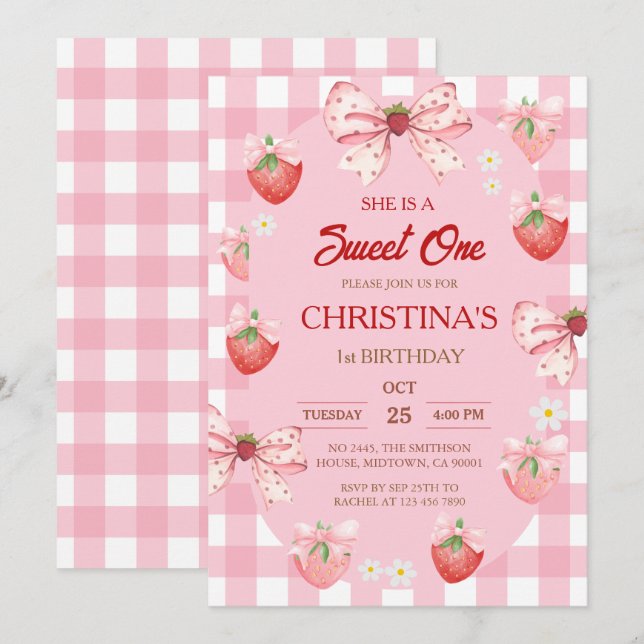 Invitation Berry first birthday pink strawberry gingham girl (Devant / Derrière)