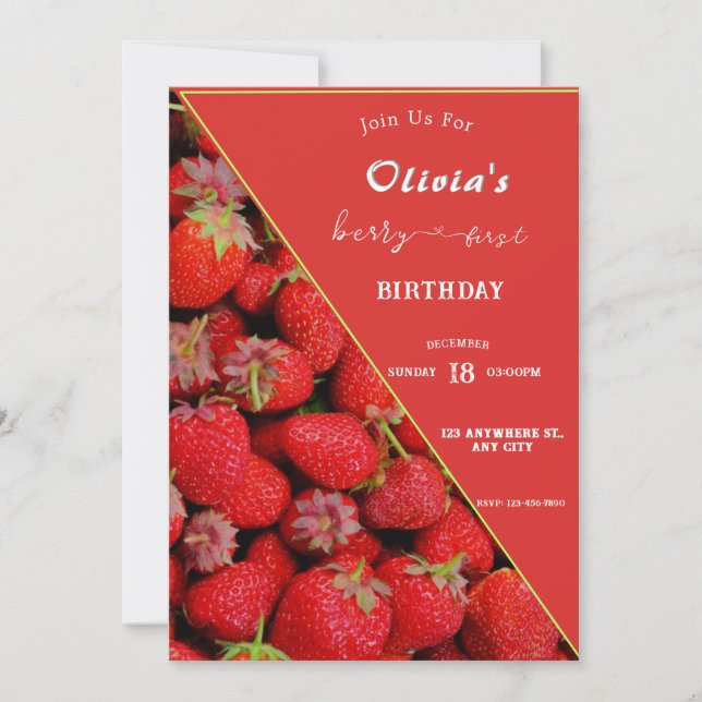 Invitation Berry First Birthday | Thème fraise (Devant)