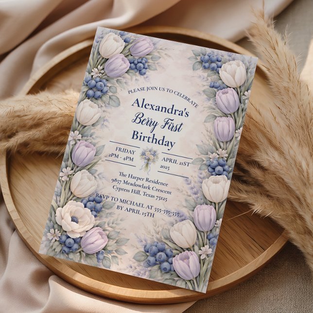 Invitation Berry First Blue Floral Garden 1er Anniversaire (Créateur téléchargé)