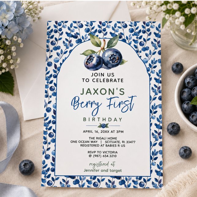 Invitation Berry First Blueberry Fête du premier anniversaire (Berry First Blueberry 1st Birthday Party Invitation)