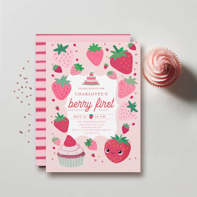 Invitation Berry First Cute fraise Frame Rouge 1er Anniversai (berry first birthday invitation 1st party girl pink red watercolor strawberries cute frame)