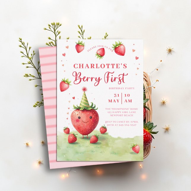 Invitation Berry First Cute Patch de Fraises 1er Anniversaire (berry first birthday party invitation girls cute strawberry 1st watercolor summer farmhouse cottage )