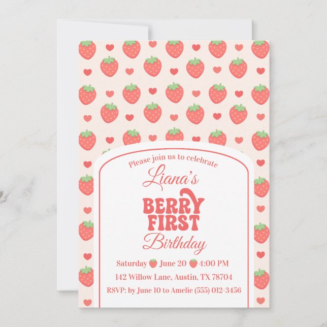 Invitation Berry First | Fête du 1er anniversaire de Strawber (Devant)
