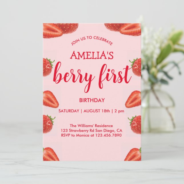 Invitation Berry First | fraise 1er Anniversaire rose (Debout devant)