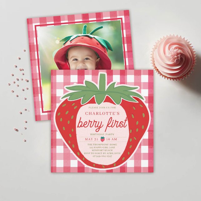 Invitation Berry First Giant Strawberry Photo 1er Anniversair (berry first birthday party 1st girl strawberry red pink watercolor spring summer photo invitation)