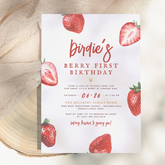 Invitation Berry First | Jolie Fille à la Fraise 1er Annivers (Créateur téléchargé)
