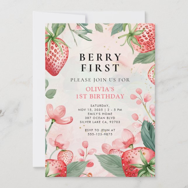 Invitation Berry First Pink Floral 1er Anniversaire Invitatio (Devant)