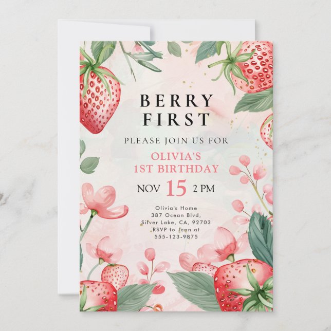 Invitation Berry First Pink Floral 1er Anniversaire Invitatio (Devant)