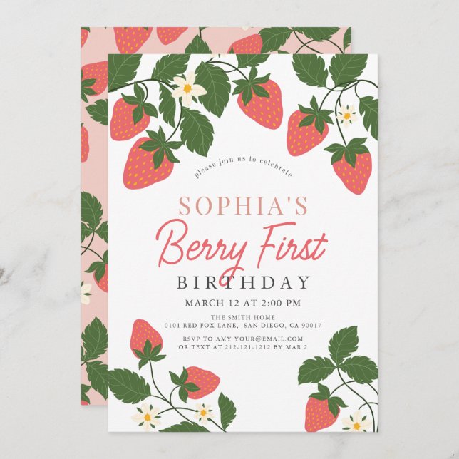 Invitation Berry First Pink Fraise Floral 1er Anniversaire (Devant / Derrière)