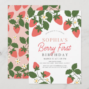 Invitation Berry First Pink Fraise Floral 1er Anniversaire