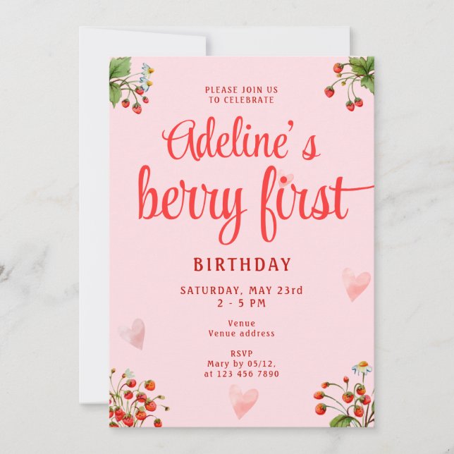Invitation Berry First Pink Strawberry 1er Anniversaire (Devant)