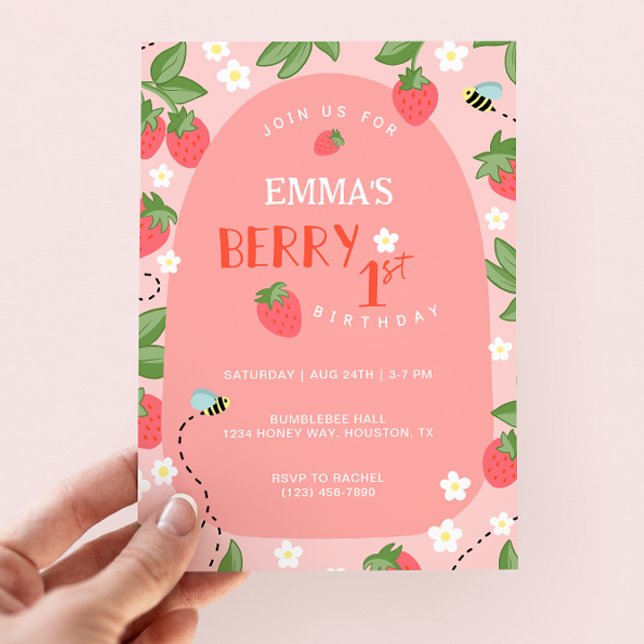 Invitation Berry First Pink Strawberry Bees Anniversaire (Créateur téléchargé)