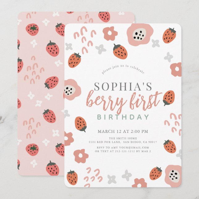 Invitation Berry First Pink Strawberry Girl 1er anniversaire (Devant / Derrière)