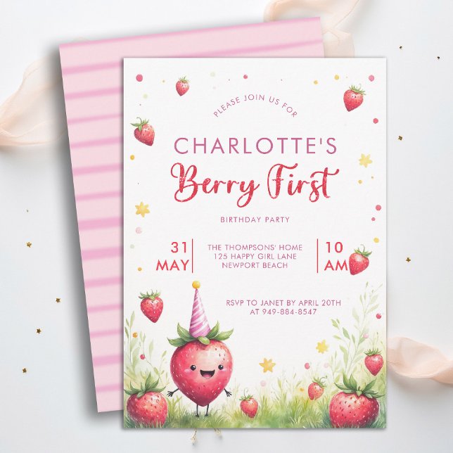 Invitation Berry First Pink Strawberry Patch 1st Birthday (berry first birthday party invitation girls cute strawberry 1st watercolor farmhouse cottage patch)
