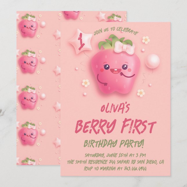 Invitation Berry First Strawberry 1er Anniversaire Fête Invit (Devant / Derrière)