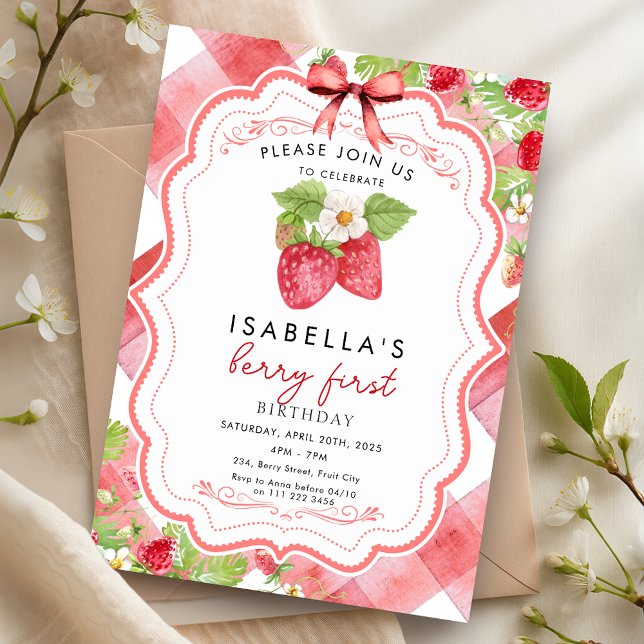 Invitation Berry First Strawberry 1er été Anniversaire En vic (Berry First Strawberry 1st Summer Birthday Gingham Invitation)
