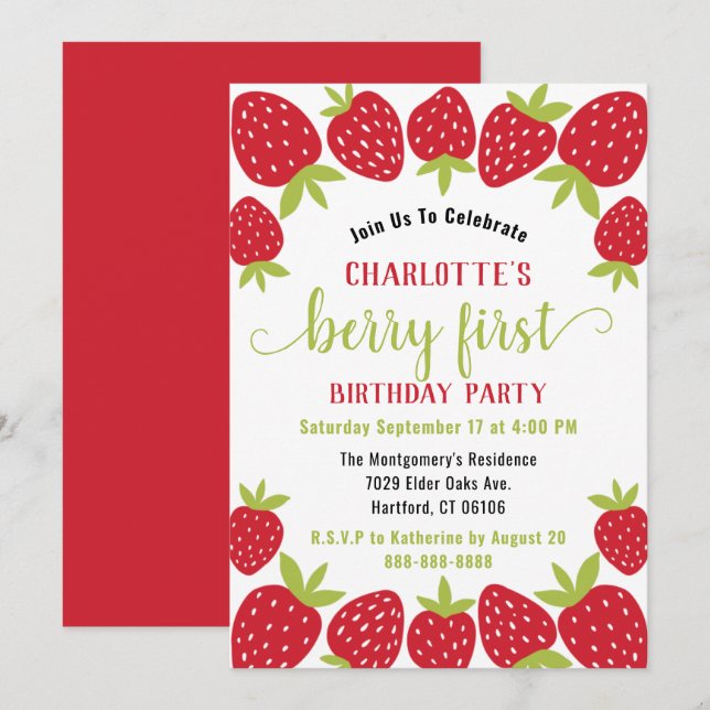 Invitation Berry First Strawberry 1er fête d'anniversaire Per (Devant / Derrière)