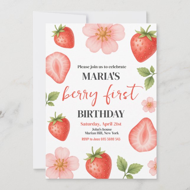 Invitation Berry First Strawberry 1ère fête d'anniversaire (Devant)