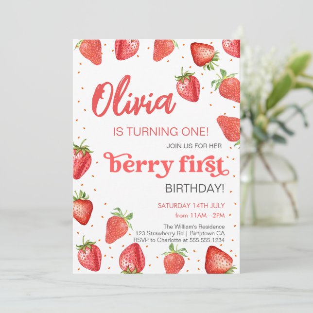 Invitation Berry First Strawberry Anniversaire (Debout devant)