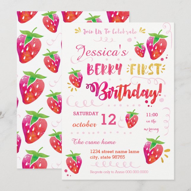 Invitation Berry First Strawberry Anniversaire Pary Invitatio (Devant / Derrière)