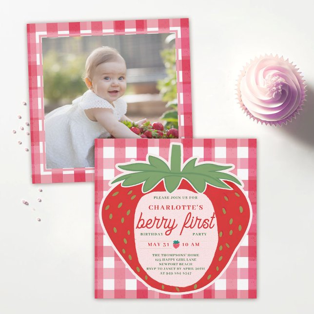 Invitation Berry First Strawberry En vichy Photo 1er annivers (strawberry 1st birthday party theme photo invitation cute adorable template watercolor)