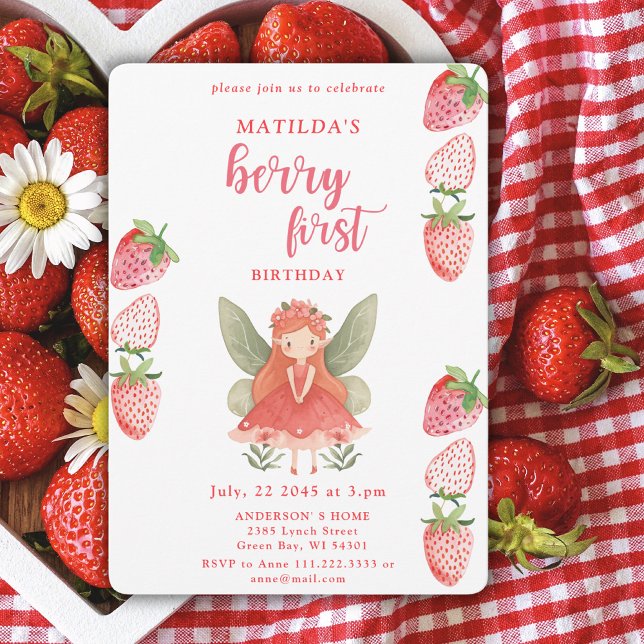 Invitation Berry First Strawberry Fairy 1er Anniversaire fête (Créateur téléchargé)