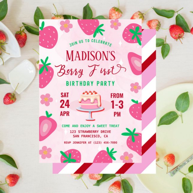 Invitation Berry First Strawberry fête d'anniversaire (strawberry 1st birthday party invitation)