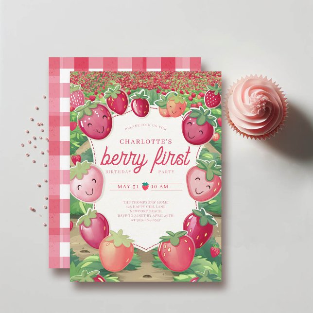 Invitation Berry First Strawberry Field Frame 1er anniversair (berry first birthday invitation 1st party girl pink red watercolor strawberry field cute frame)