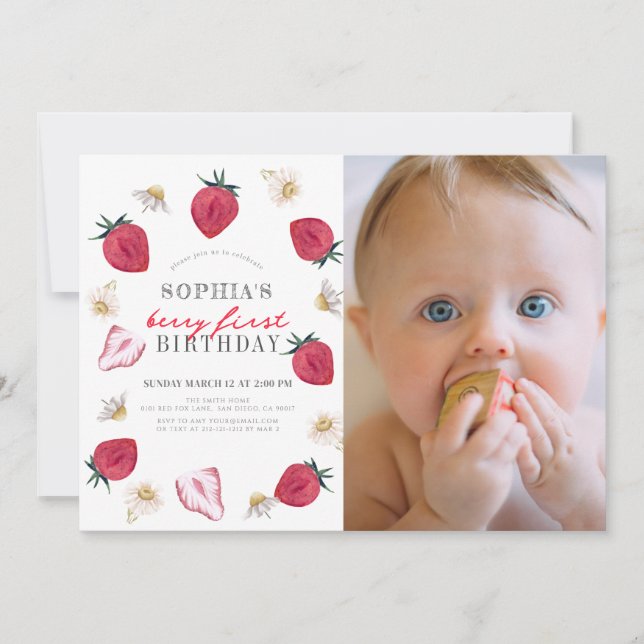 Invitation Berry First Strawberry Floral 1er Anniversaire Pho (Devant)