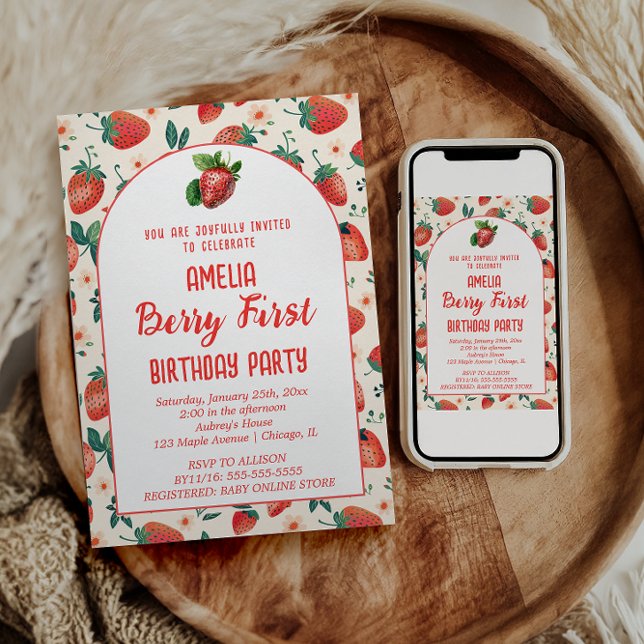 Invitation Berry First Strawberry Girl 1er anniversaire fête (Créateur téléchargé)