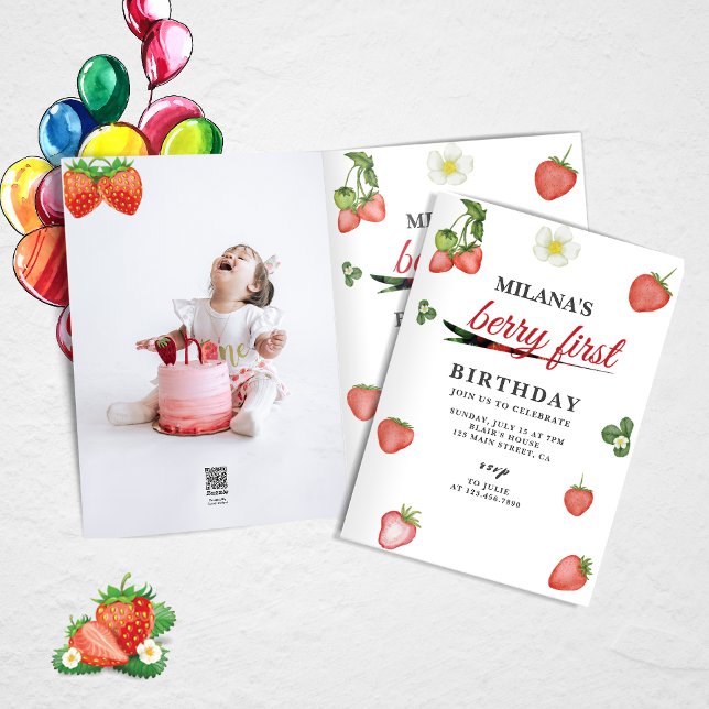 Invitation Berry First Strawberry Girl 1er anniversaire Photo (Berry first strawberry birthday card)