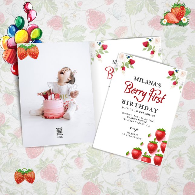 Invitation Berry First Strawberry Girl 1er anniversaire Photo (Berry first girl 1st birthday card )