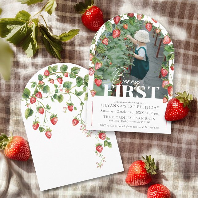 Invitation Berry First Strawberry Photo 1ère fête d'anniversa (Modern Berry First watercolor strawberry fruit photo arch boho chic girl 1st birthday invitation)