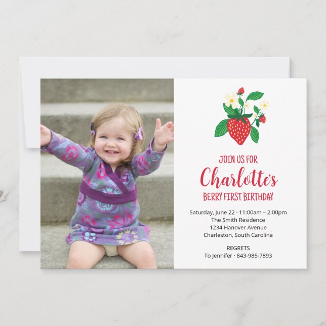 Invitation Berry First Strawberry Photo Anniversaire (Devant)