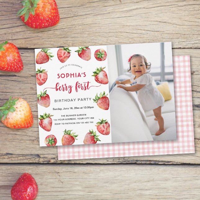 Invitation Berry First Strawberry Photo Bébé Anniversaire (Créateur téléchargé)