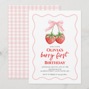 Invitation Berry First Strawberry Pink Bow 1er anniversaire
