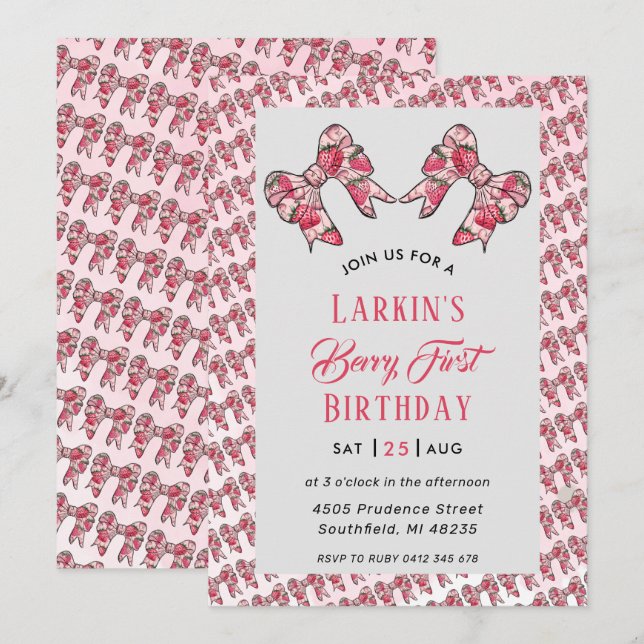 Invitation Berry First Strawberry Pink Bow 1er anniversaire (Devant / Derrière)