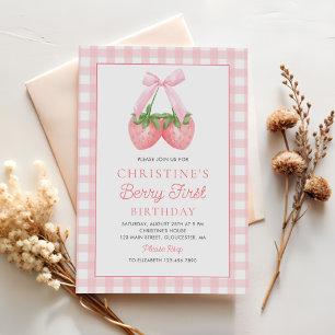 Invitation Berry First Strawberry Pink Bow 1er anniversaire