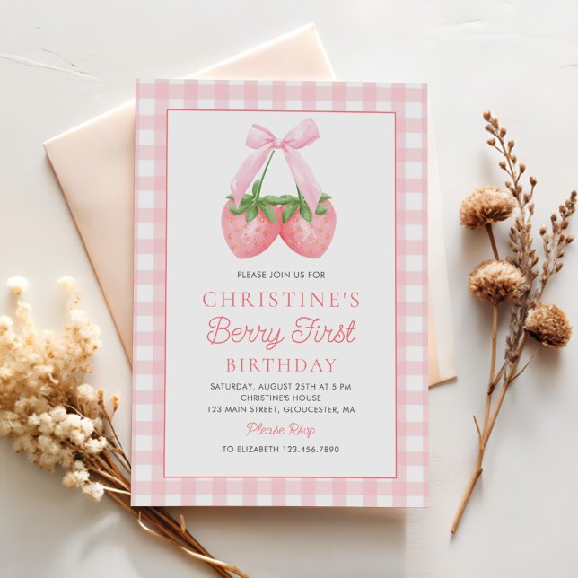 Invitation Berry First Strawberry Pink Bow 1er anniversaire (Créateur téléchargé)