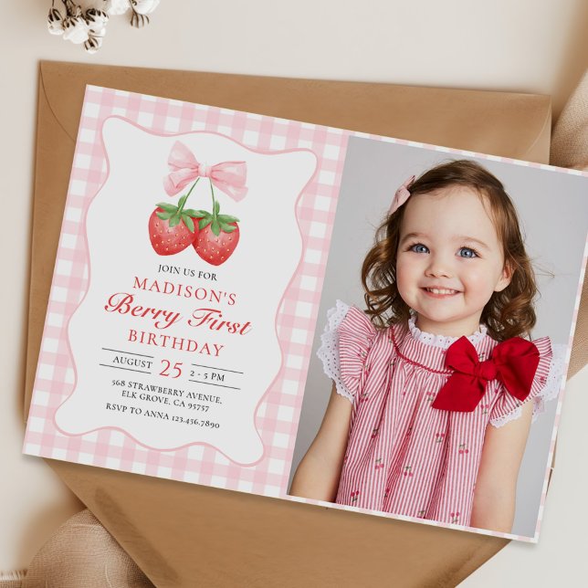 Invitation Berry First Strawberry Pink Bow 1er Anniversaire P (Créateur téléchargé)