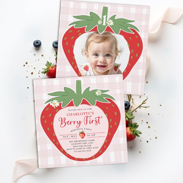 Invitation Berry First Strawberry Sweet Photo 1st Birthday (berry first birthday party invitation girls strawberry 1st photo watercolor gingham farmhouse patch)