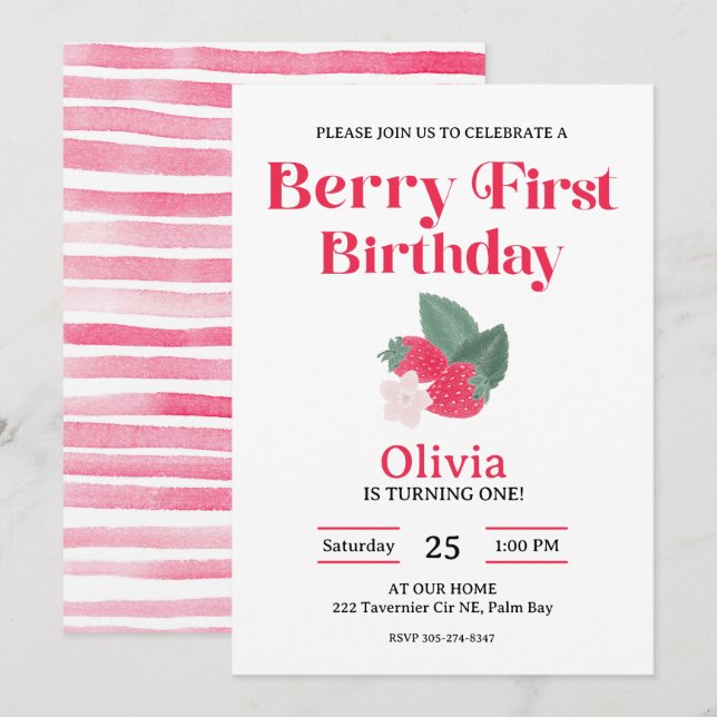 Invitation Berry First Strawberry Theme Girls 1er Party (Devant / Derrière)