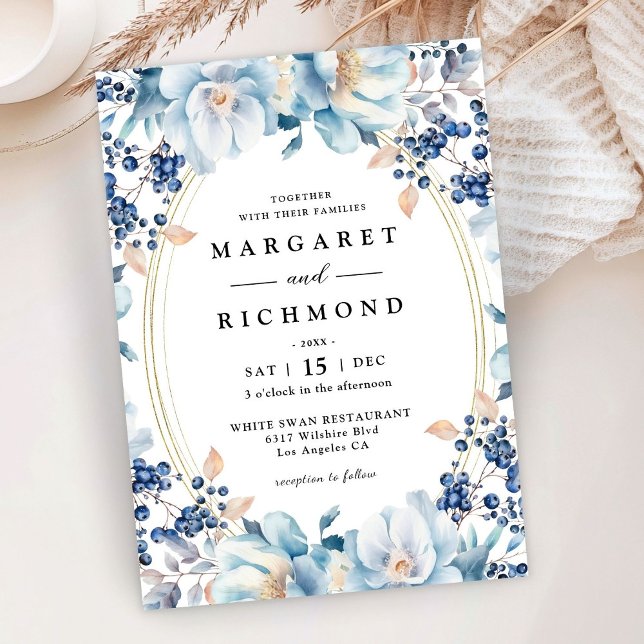 Invitation Berry floral bleu Dusty Noël Mariage d'hiver (Créateur téléchargé)