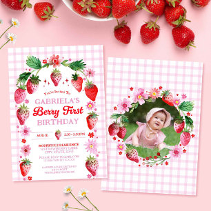 Invitation Berry fraise 1er anniversaire aquarelle photo